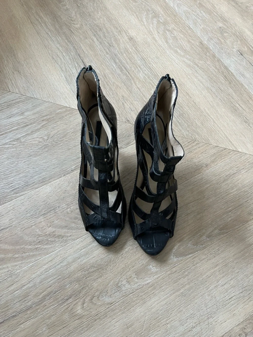 Zara Black Croc-Embossed Strappy High Heel Sandals - Picture 3 of 7
